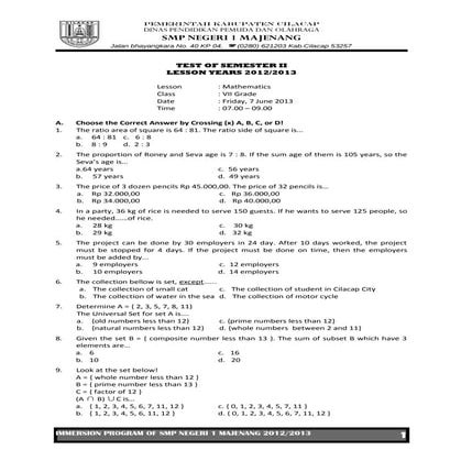 UKK MATEMATIKA KELAS VII 2013