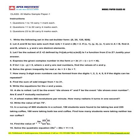 Mathematics model papers for class xi