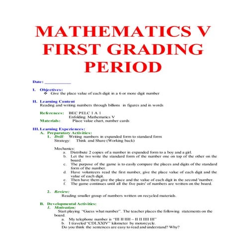 Mathematics v lp 1 st to 4th grading......