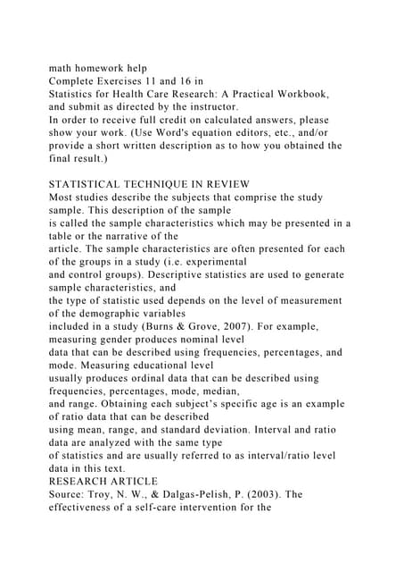 math homework helpComplete Exercises 11 and 16 in油Statistics for.docx