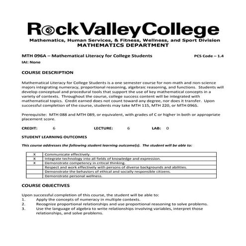 Math Literacy Course Syllabus Rock Valley College