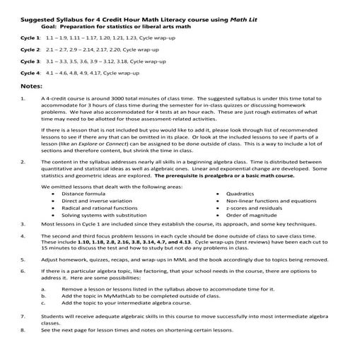 Math Lit 4 Credit Hour Syllabi Options