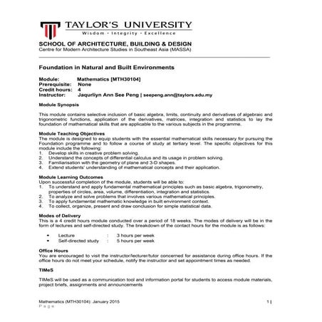 FNBE0115 - MATH MODULE OUTLINE