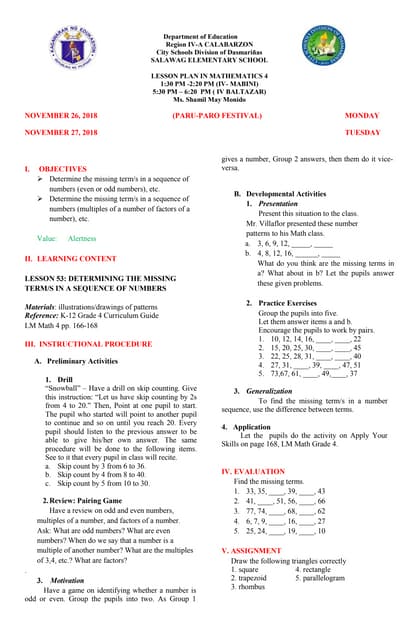mathematics lesson plan for graded 4 pupils