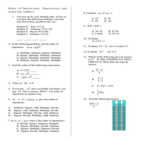 MATH:  ORDER OF OPERATIONS 