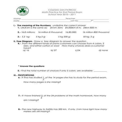 M ath practice for 2 period exam