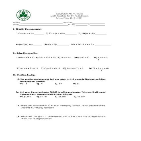Math review for 4th period exam