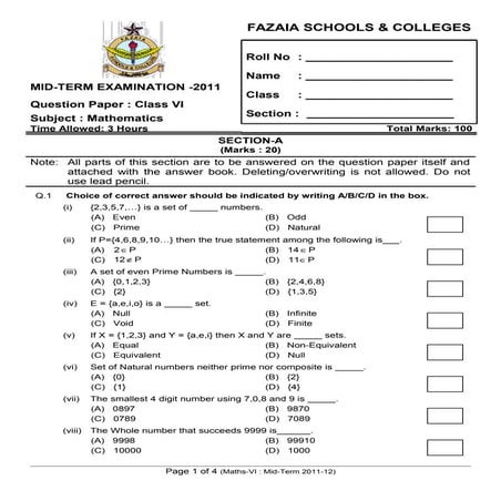 Mid term  paper of Maths class  VI 2011 Fazaia Inter college