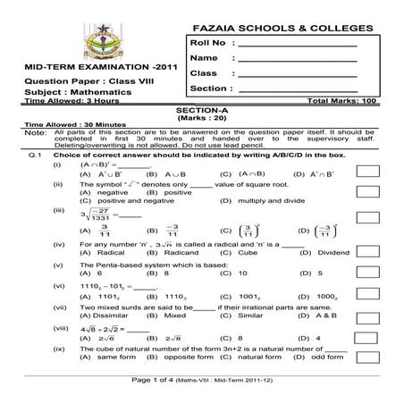 Mid term paper Maths class viii 2011
