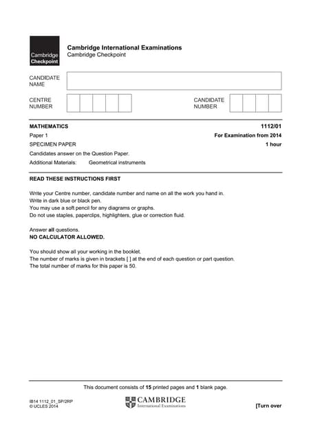 Maths specimen paper_1_2014