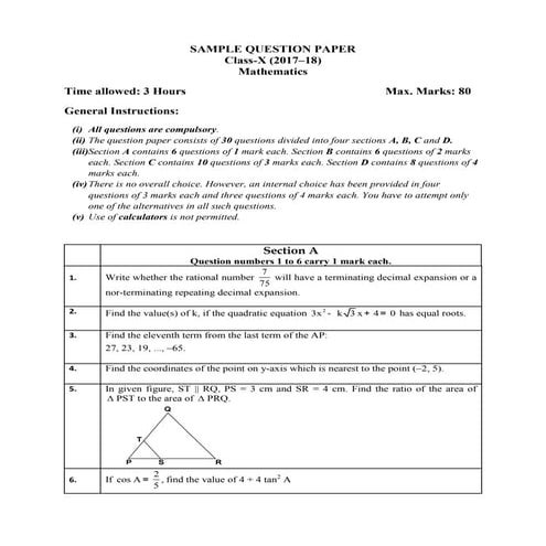 MATHEMATICS MODEL QUESTION PAPER FOR CBSE CLASS 10