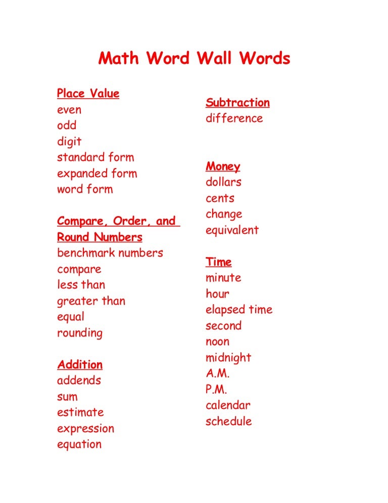 Math Word Wall Words 3rd Grade Math Word Wall Words 3rd Grade