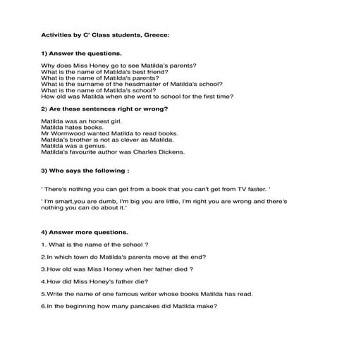 Matilda: Post-reading activities