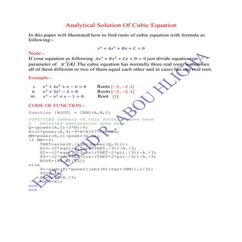 Matlab analytical solution of cubic equation