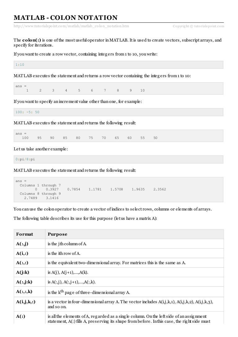 Matlab colon notation