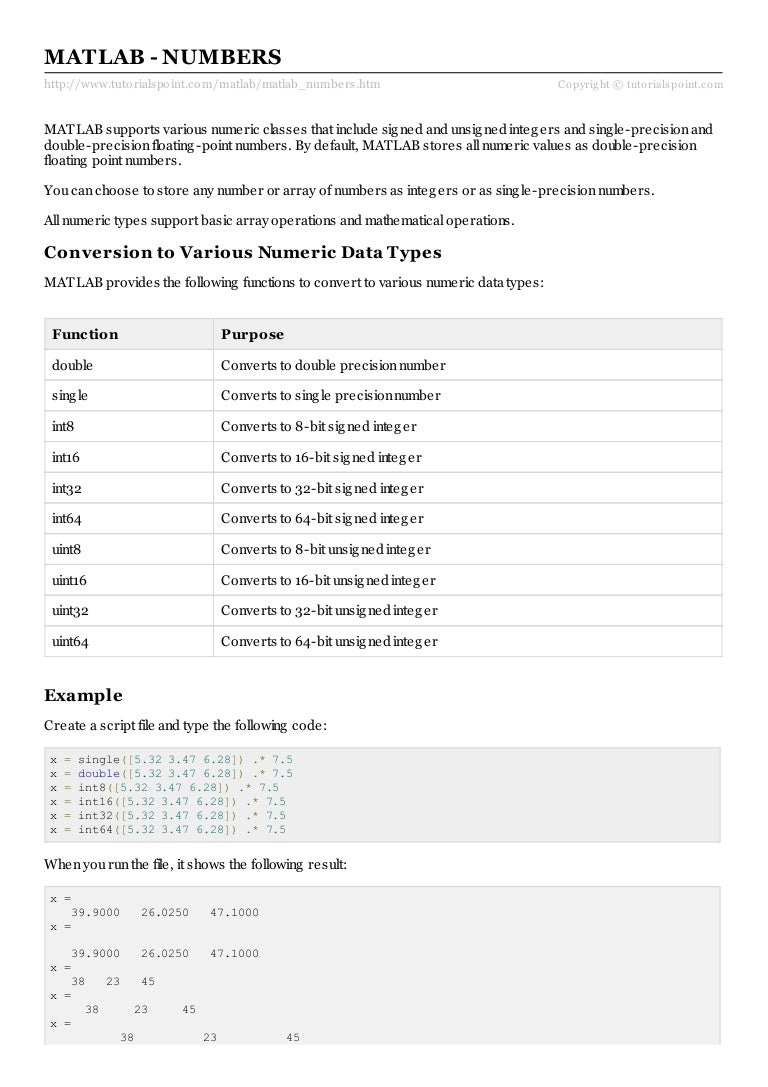Matlab numbers