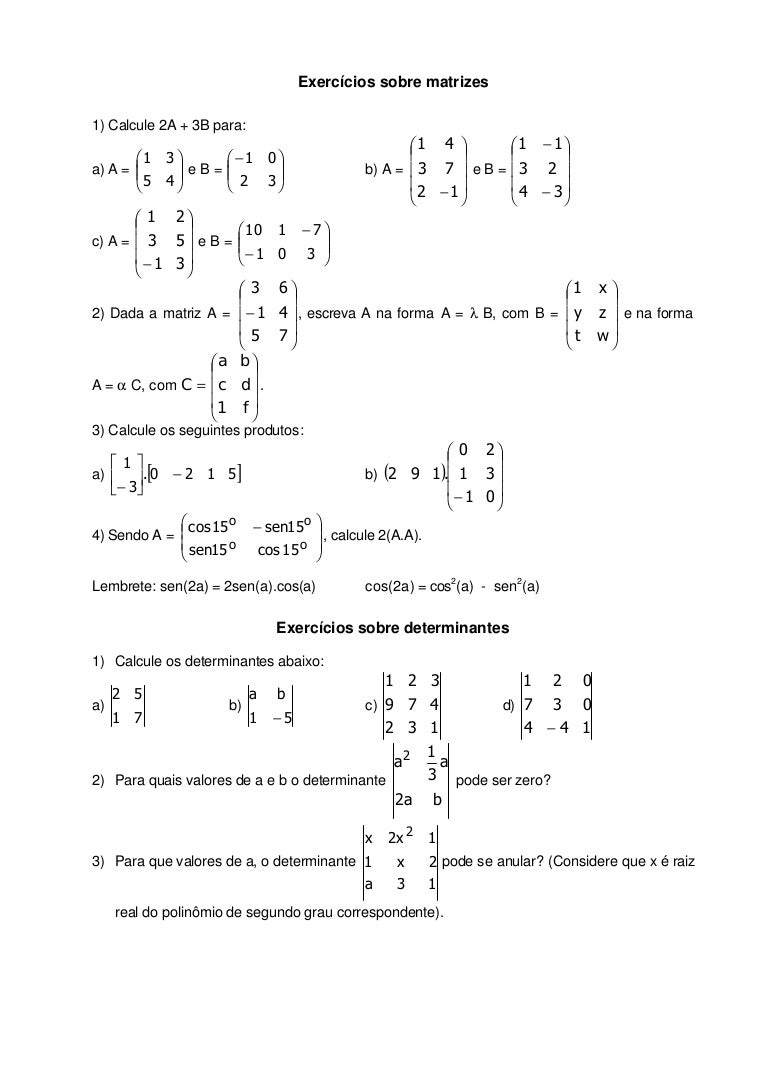 Lista De Exercícios Sobre Matrizes E Determinantes