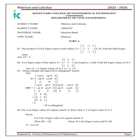 24MA101-MATRICES AND CALCULUS- SEMESTER I