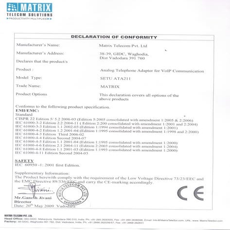 Matrix setu ata211 ce_certificate