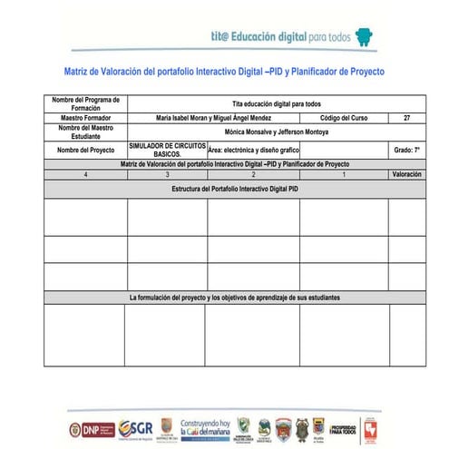 Matriz de valoración del portafolio interactivo digital 2 nombres