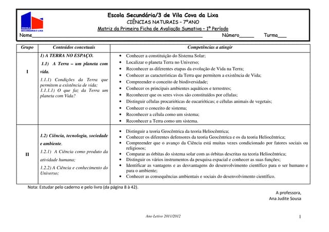 Matriz do 1º teste de cn 7º ano   2011