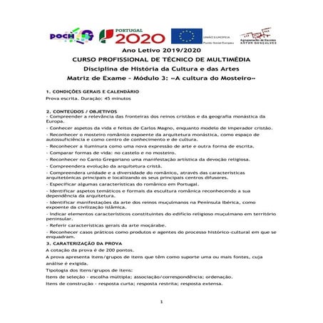 Matriz de Exame – HCA - Módulo 3: «A cultura do Mosteiro»