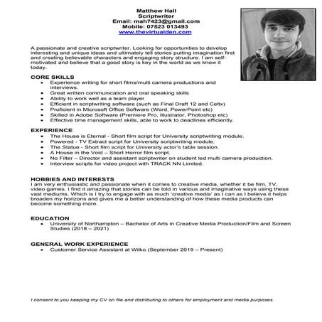 Matt Hall Scriptwriter CV (08/07/21)