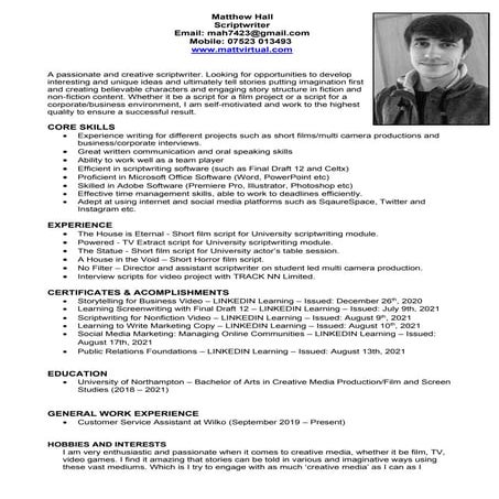 Matt Hall Writer CV 09/09/21