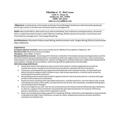 Matthew DeCosse resume for Healthcare 