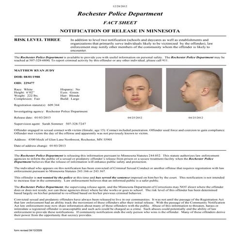 Matthew Judy notification of release