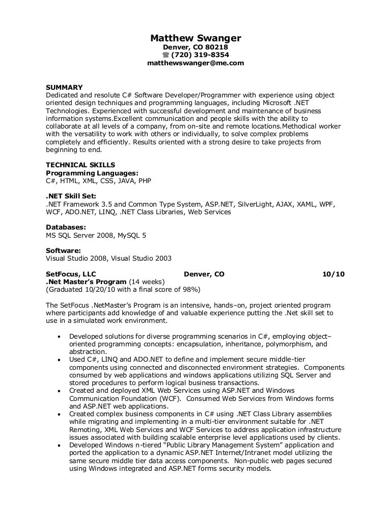 matthew swanger net programmer resume