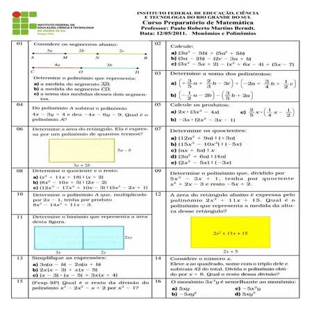 Mat utfrs 09. monomios e polinomios exercicios