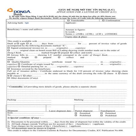mẫu doanh nghiệp mở LC tai ngân hàng Đông Á
