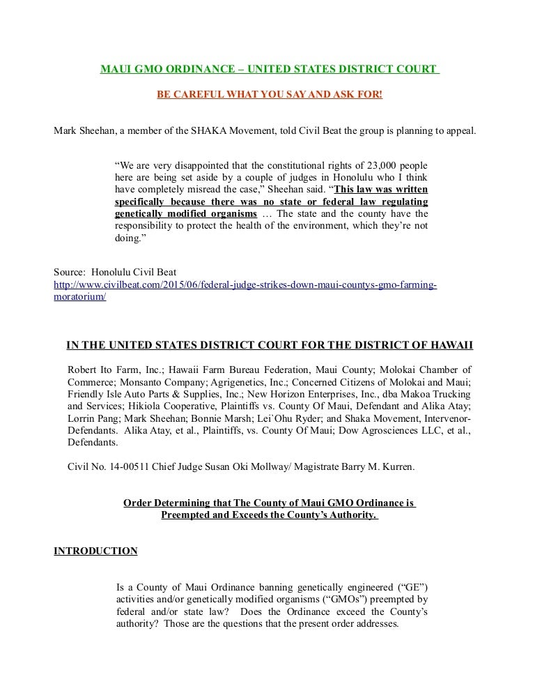 Maui GMO initiative US DISTRICT COURT HAWAII