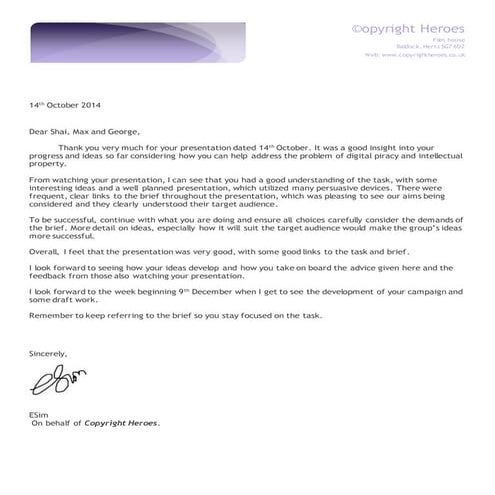 Max , george, shai feedbck letter