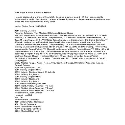 Max Shpack Military Service Records & Combat Narrative | PDF