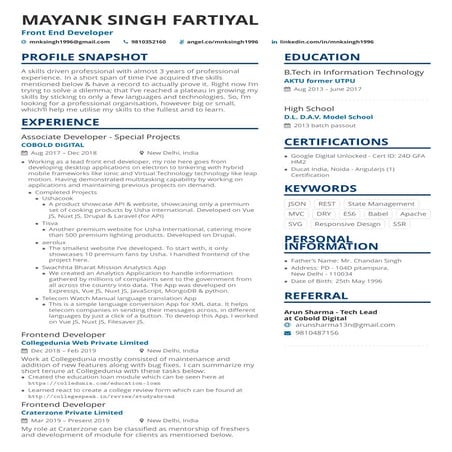 Mayank Singh's Fartiyal Resume 2020