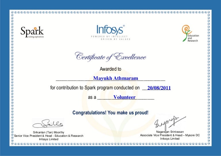 Certificate of Excellence by Infosys