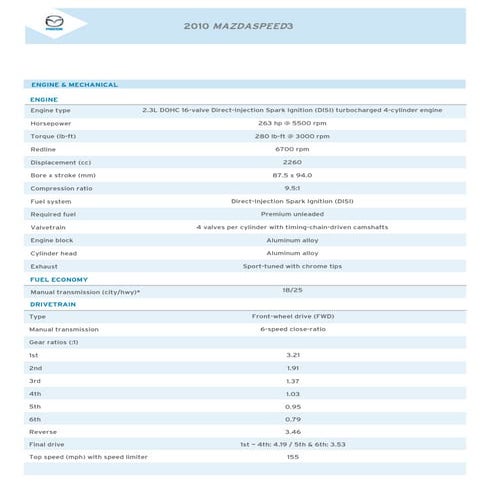 Mazda Vehicle Specs Mazda Mazda Speed3 2010