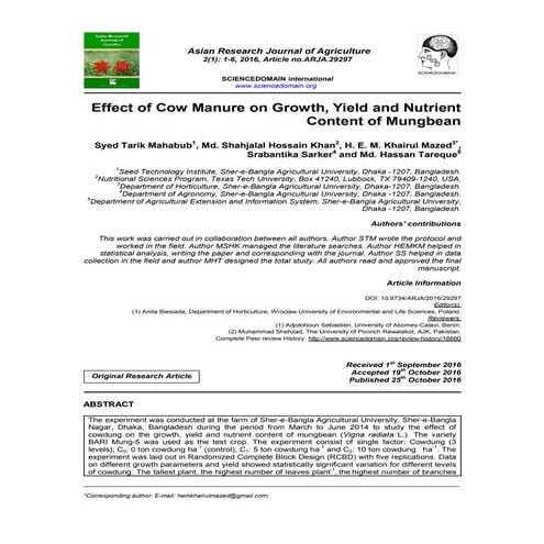 Effect of Cow Manure on Growth, Yield and Nutrient Content of Mungbean