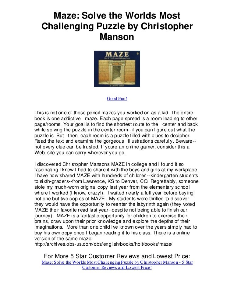 Maze solve the worlds most challenging puzzle by christopher manson