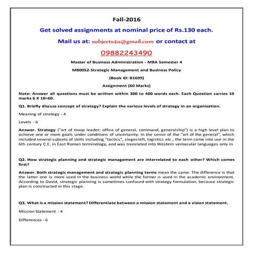 Mb0052 strategic management and business policy