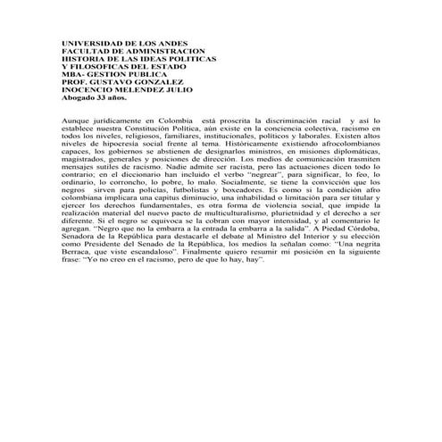 Mba racismo en colombia, inocencio melendez