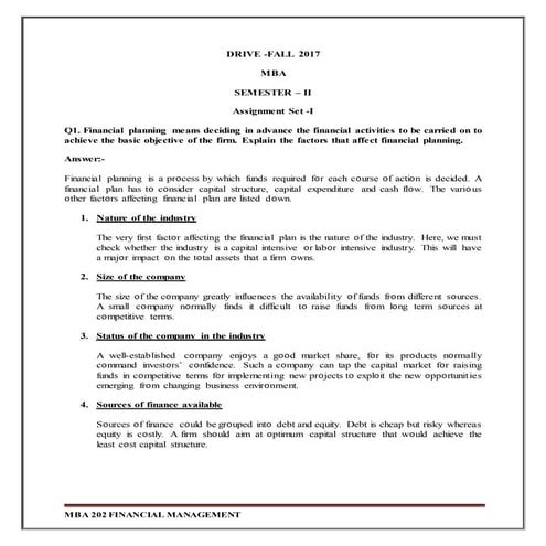 SMU DRIVE FALL 2017 MBA 202 – financial management solved free assignment