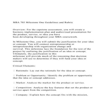 MBA 705 Milestone One Guidelines and Rubric  Overview.docx