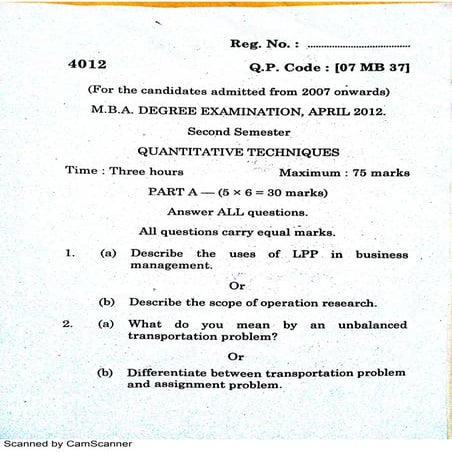 QUANTITATIVE TECHNIQUES QUESTION PAPER MBA apl 12