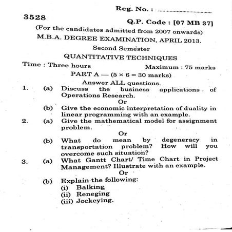 QUANTITATIVE TECHNIQUES QUESTION PAPER Mba apl 13