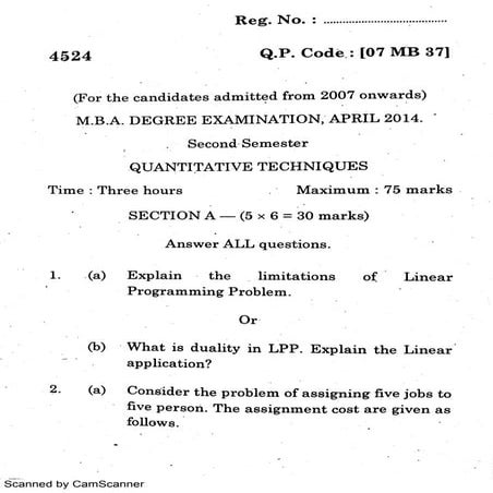 QUANTITATIVE TECHNIQUES QUESTION PAPER Mba apl 14