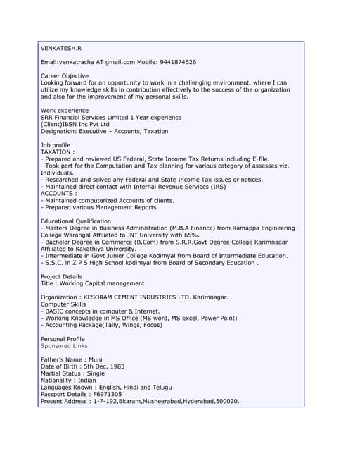 mba finance cv