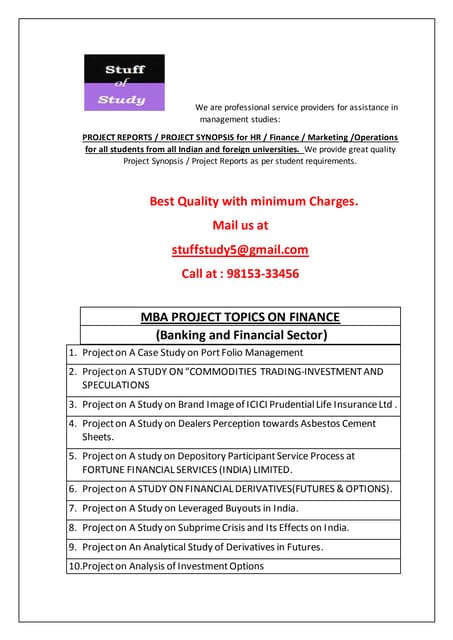 Topics For Project Report In Mba Finance Mba finance project reports | PDF